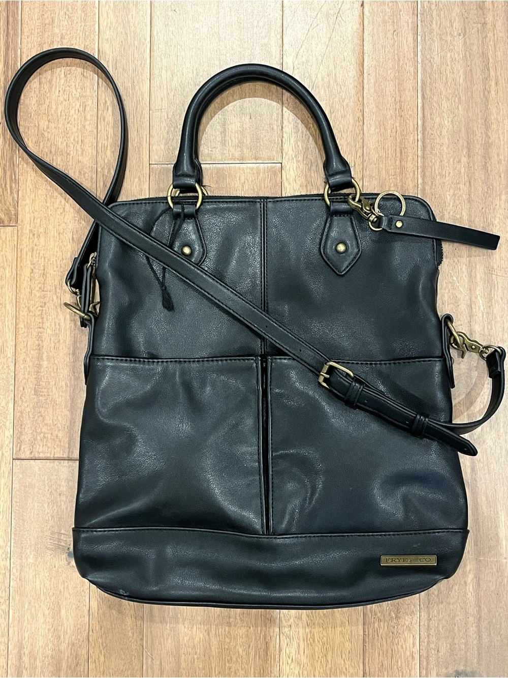 Frye Black Leather Convertible Tote with Detachable Crossbody Strap